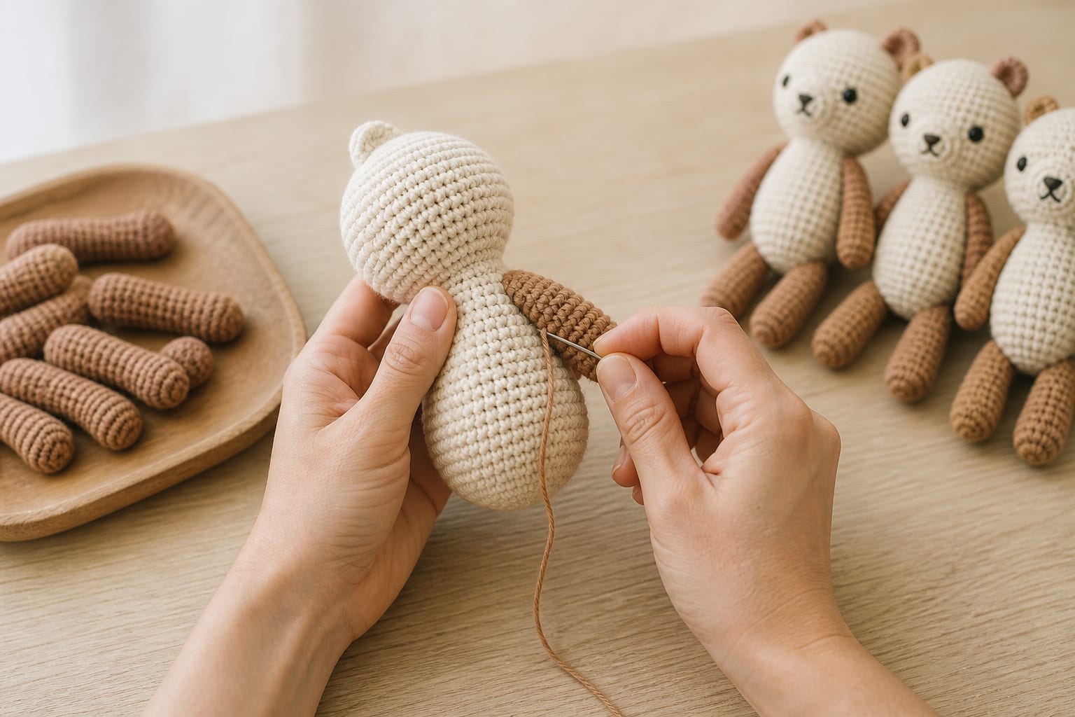 Hands joining crochet components at an assembly table