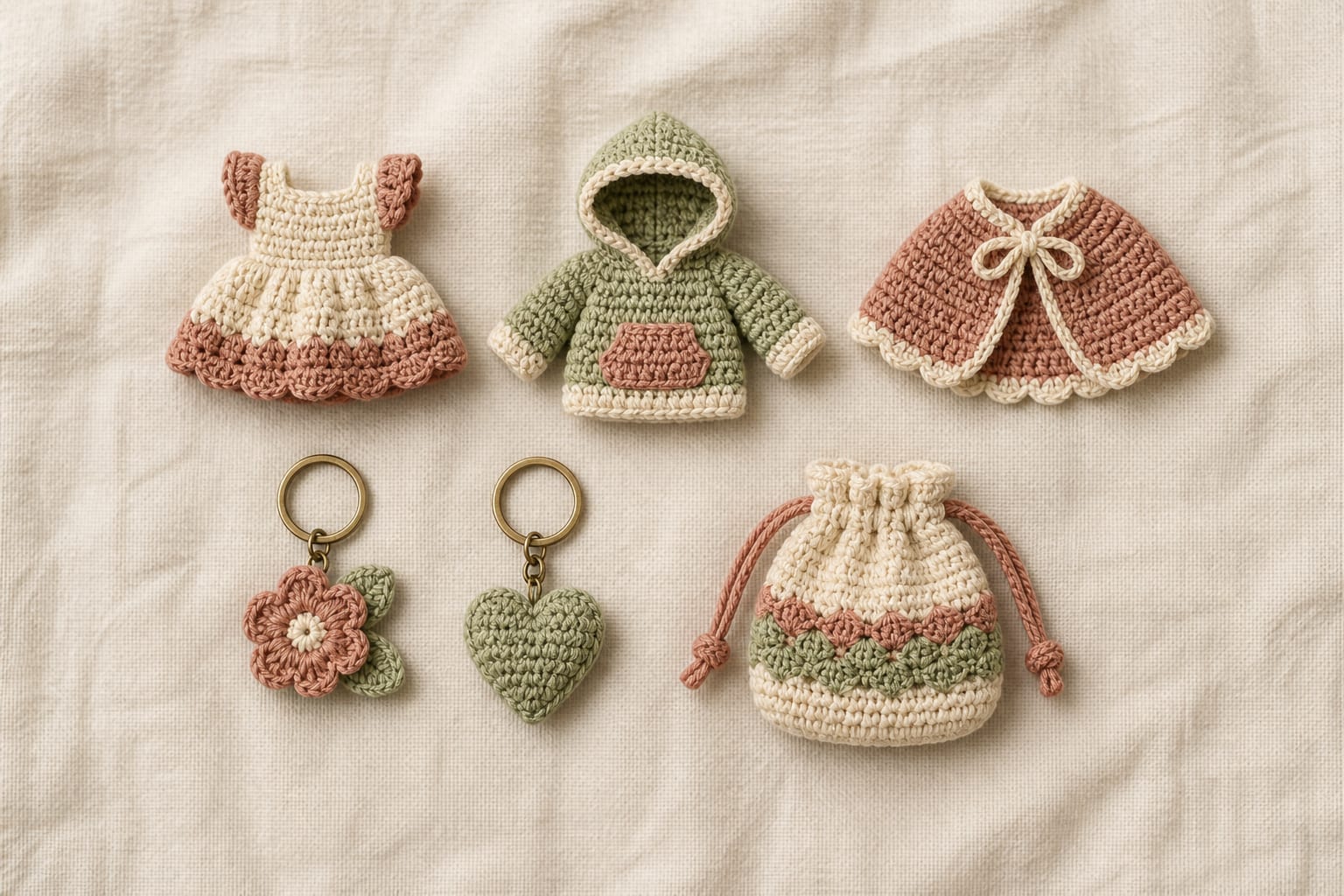 Miniature crochet clothing, accessories and a soft pouch