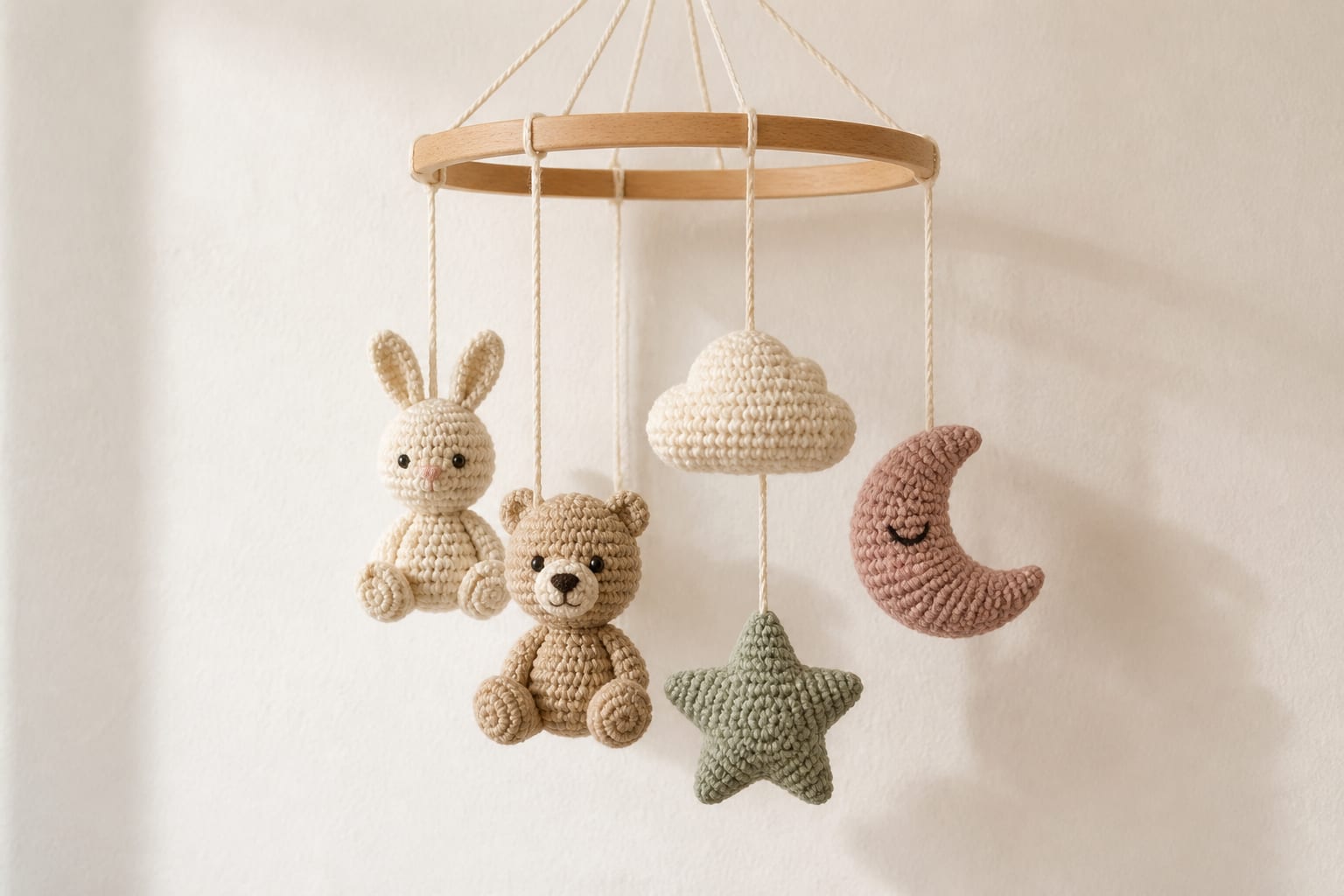 Crochet animal figures suspended from a circular mobile support