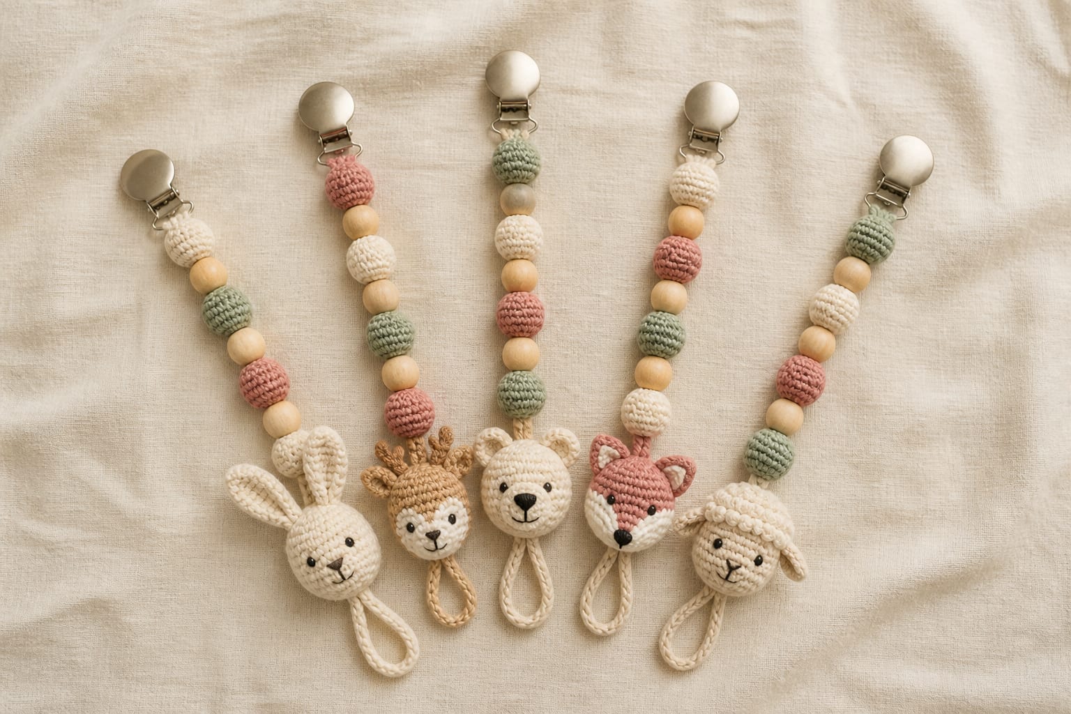 Crochet pacifier holder collection in muted nursery colours