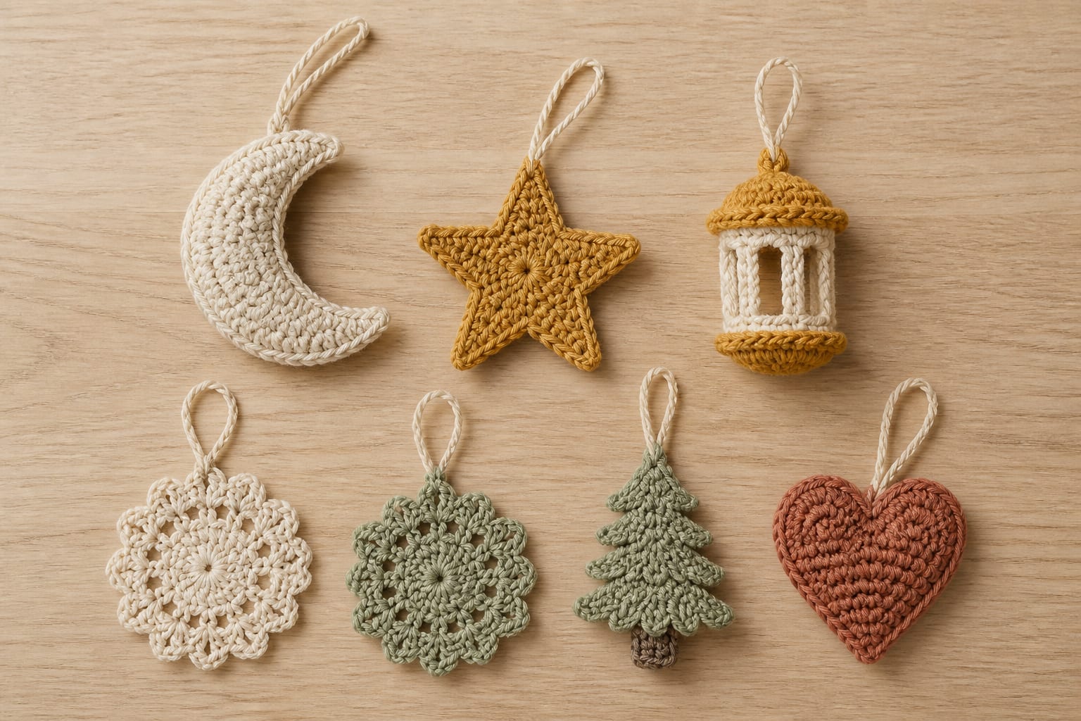 Original crochet seasonal ornaments on a light surface