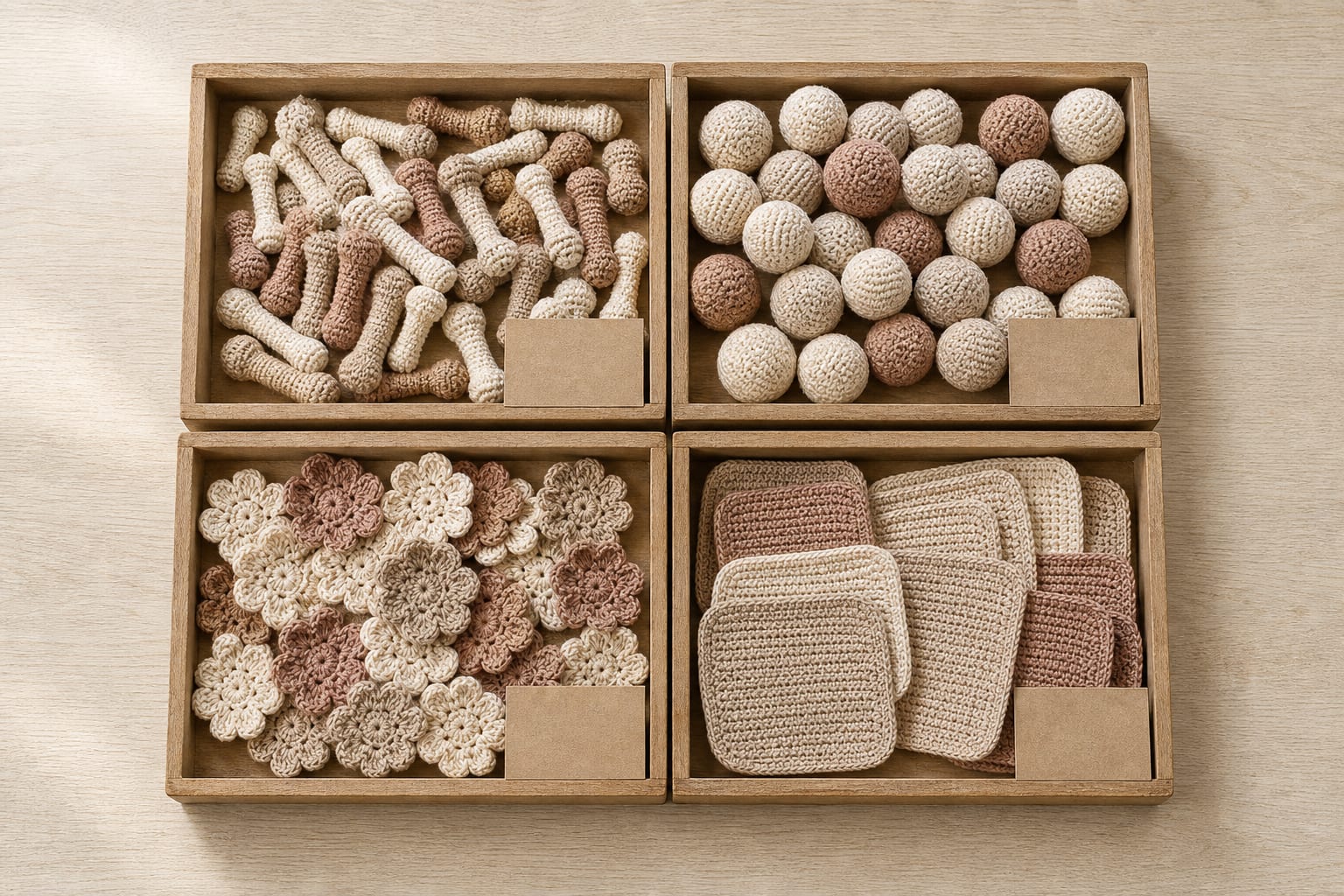 Crochet components sorted by type in trays on a worktable