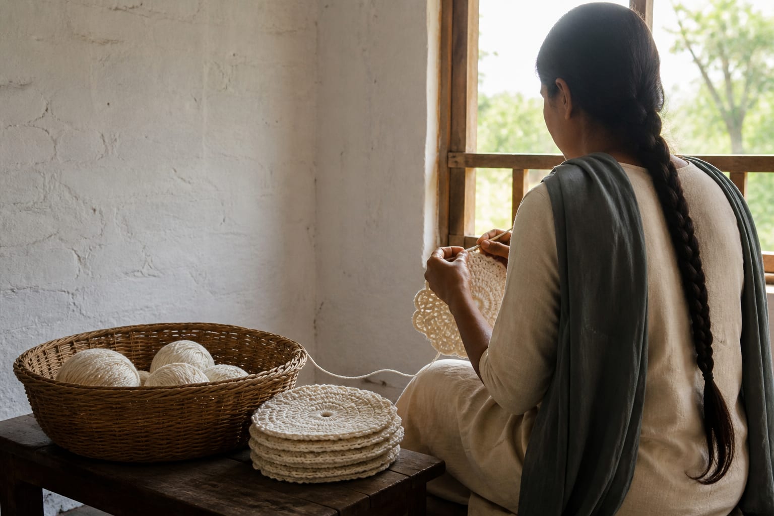 A person crocheting beside yarn and organised project materials at a home worktable