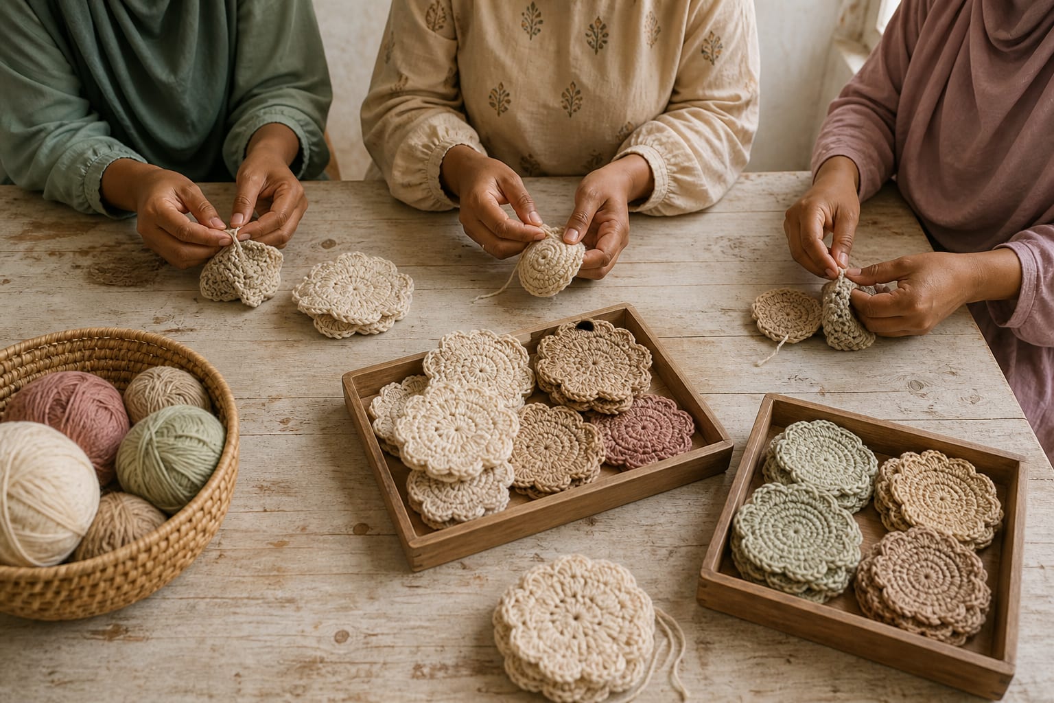 Hands sorting and stitching crochet pieces at a shared worktable