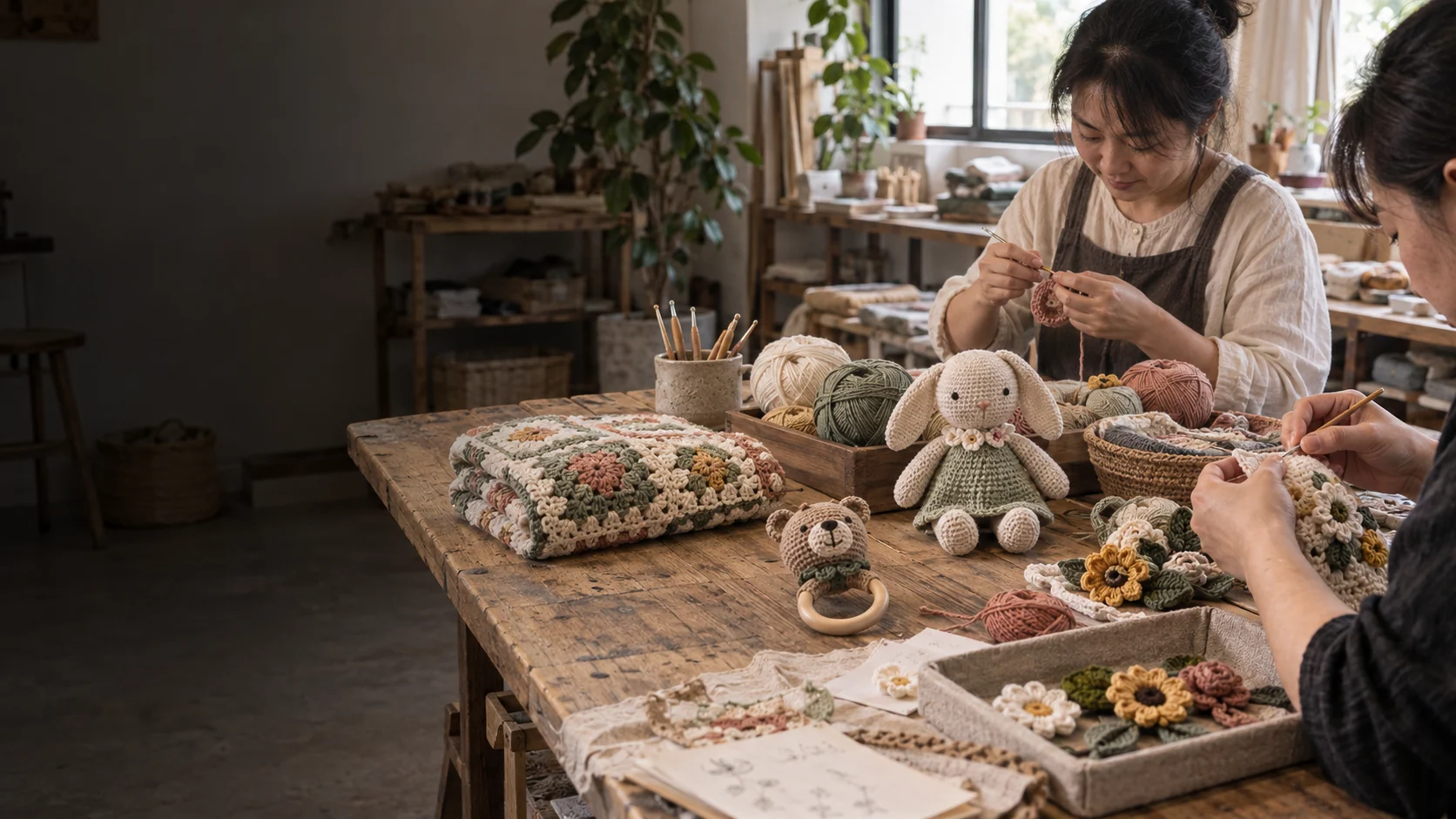 Crochet makers working at a shared sample table with a rattle, doll, granny-square textile and floral components