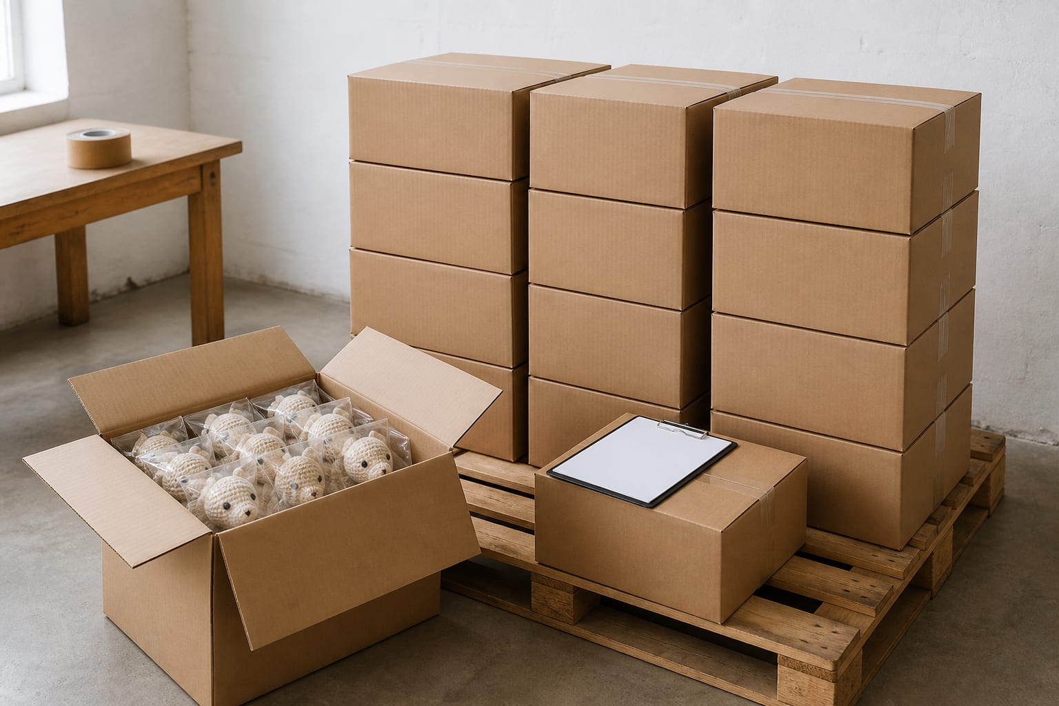 Packed crochet products and shipping cartons arranged for a packing review