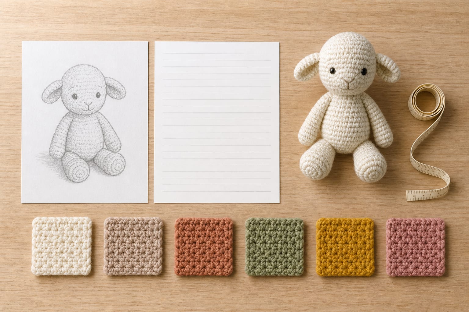 Crochet sample, yarn swatches, a sketch and specification notes arranged on a workbench