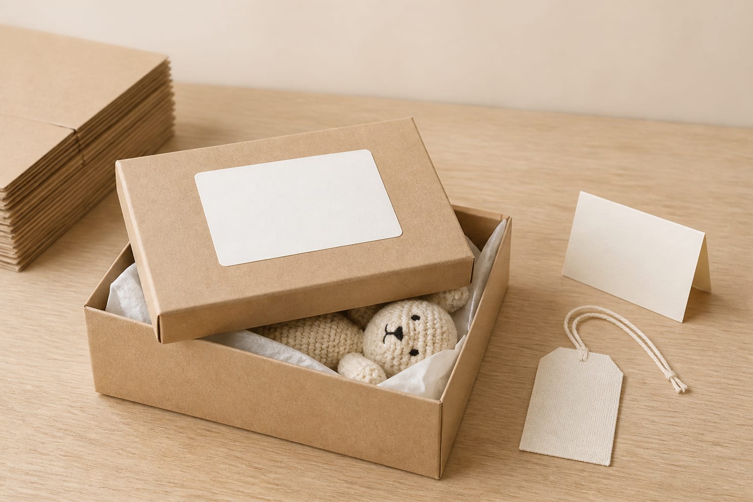 Kraft retail box with a blank label, woven hang tag, folded header card and a stack of flat boxes