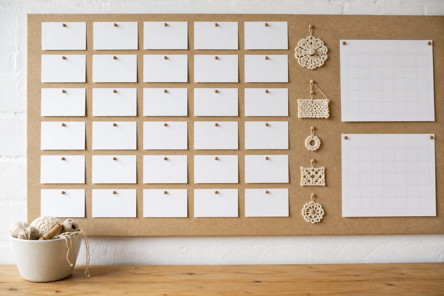 Project notes, yarn and crochet samples arranged on a planning board
