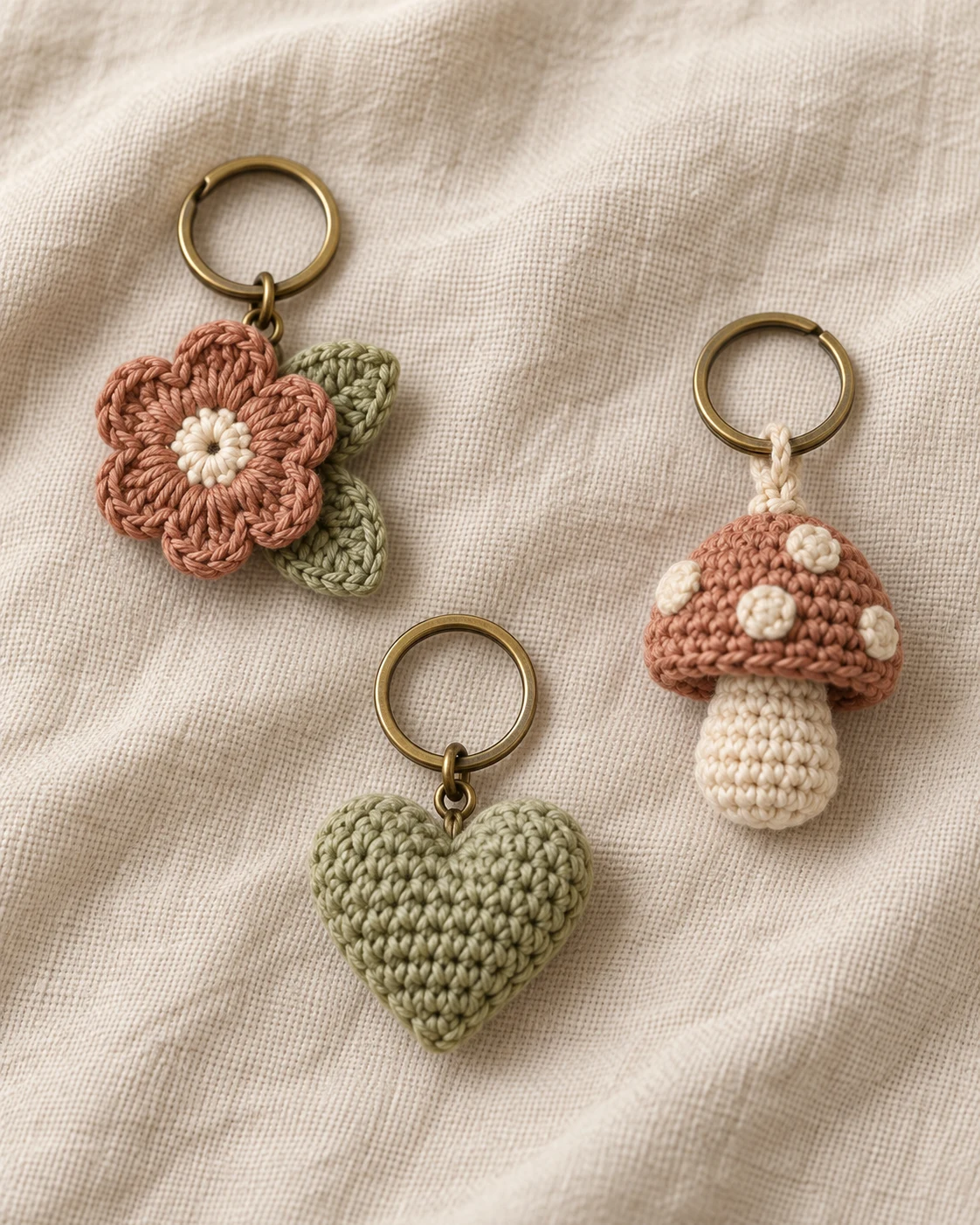 Crochet flower, heart and mushroom charms with metal rings