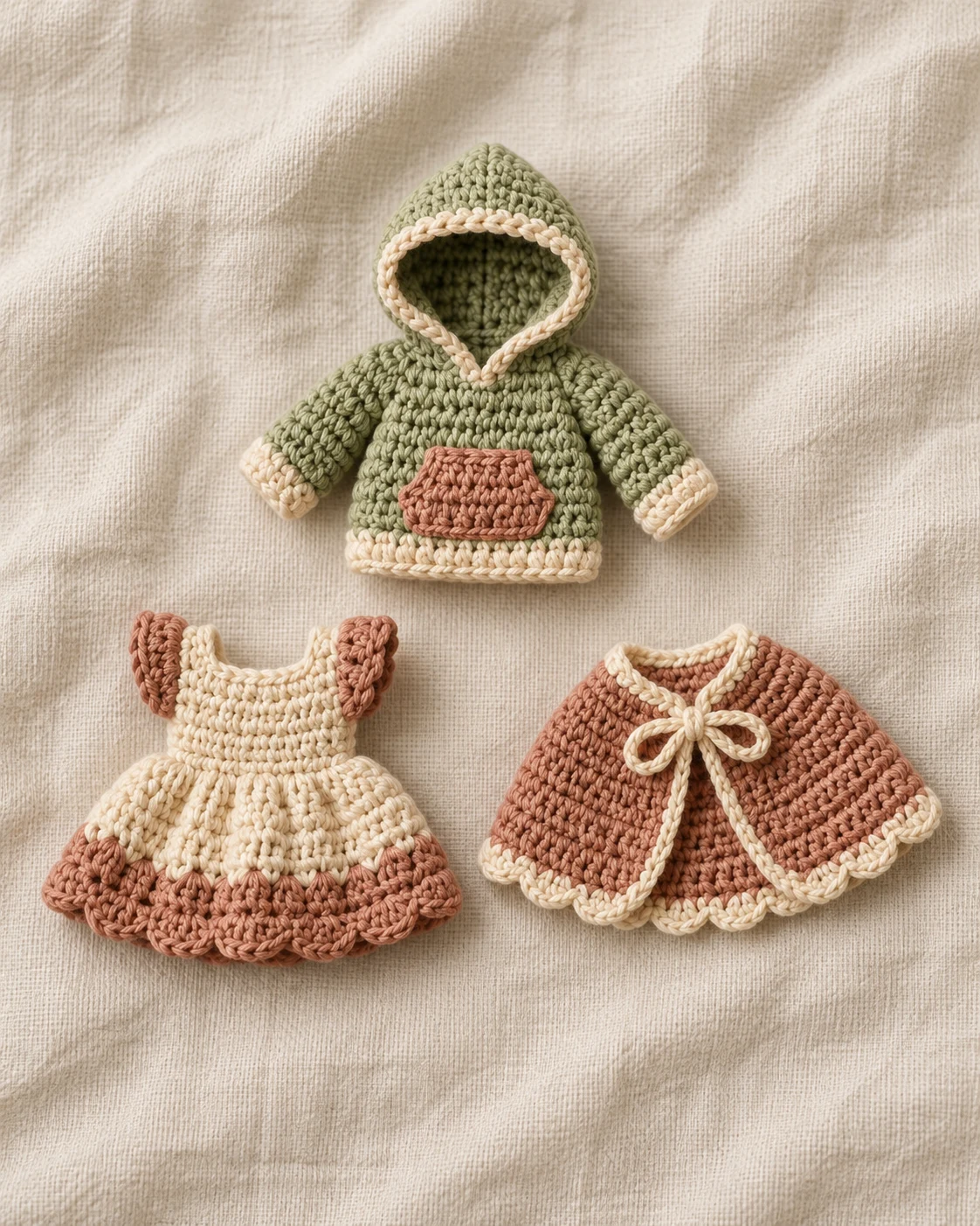 Coordinated miniature crochet doll dress, hooded sweater and cape