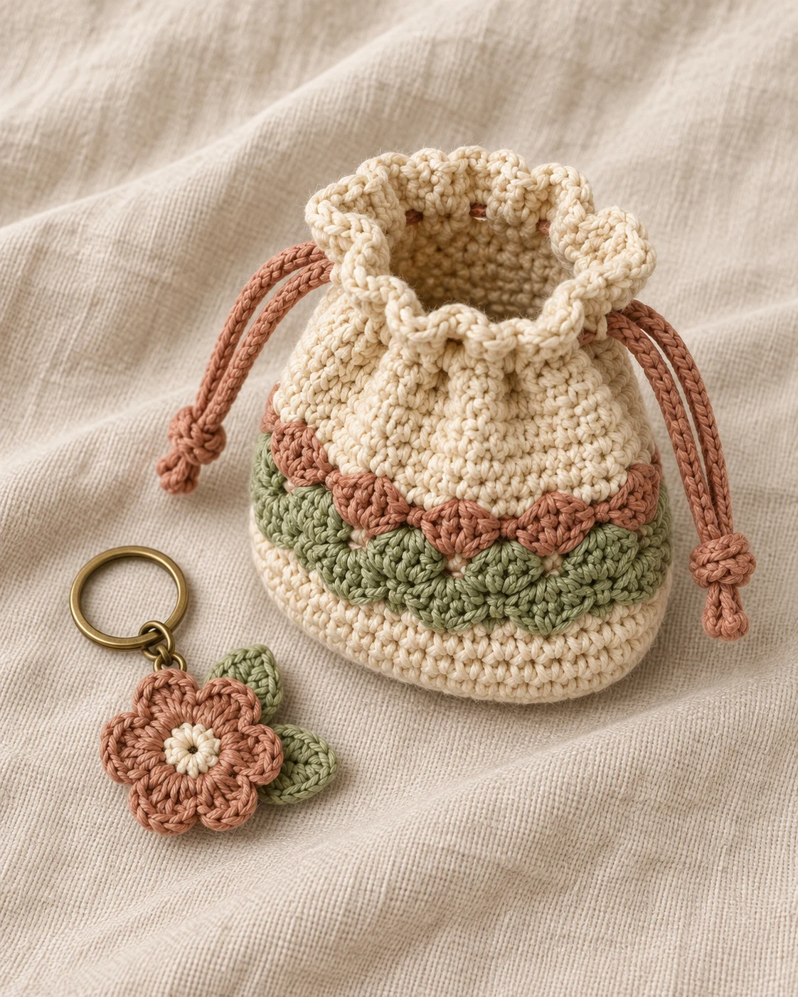 Crochet drawstring pouch with a coordinated removable flower charm