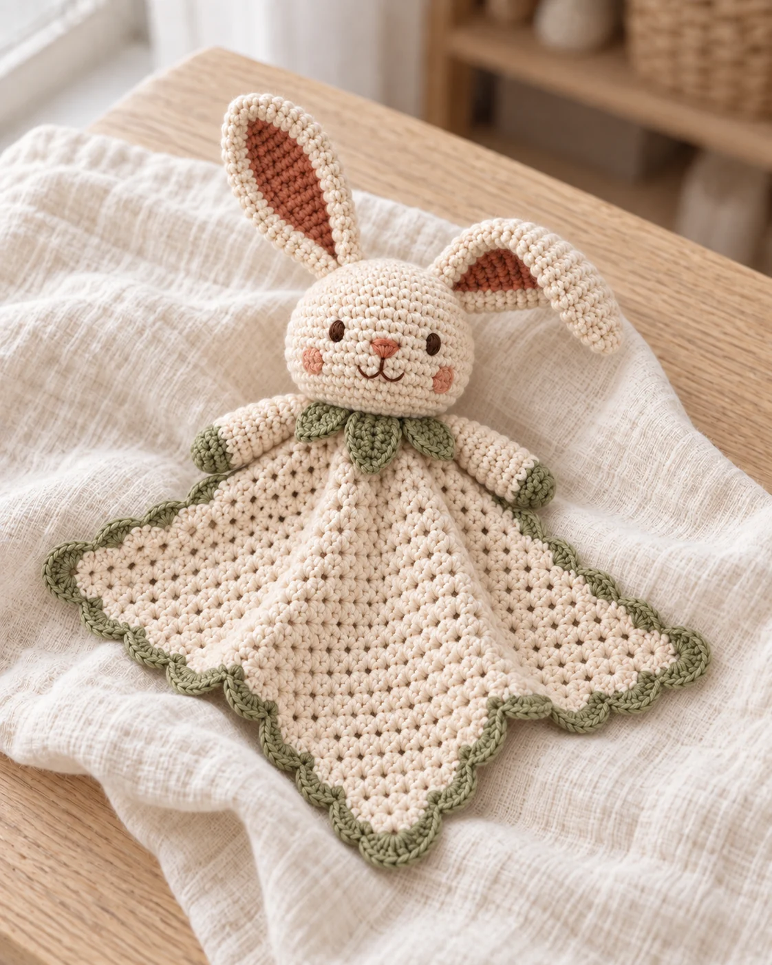 Crochet character lovey spread on pale fabric