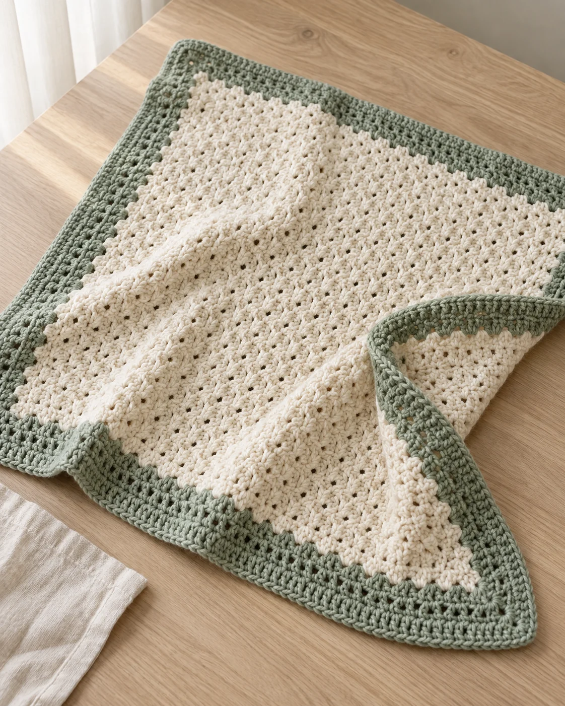 Folded cream crochet baby blanket direction