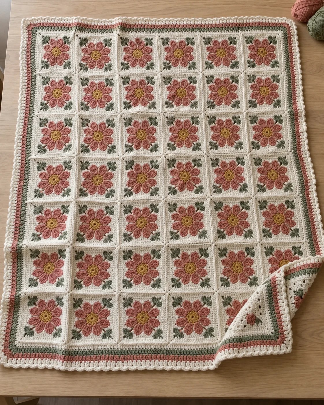 Floral granny square crochet throw with a coordinated border