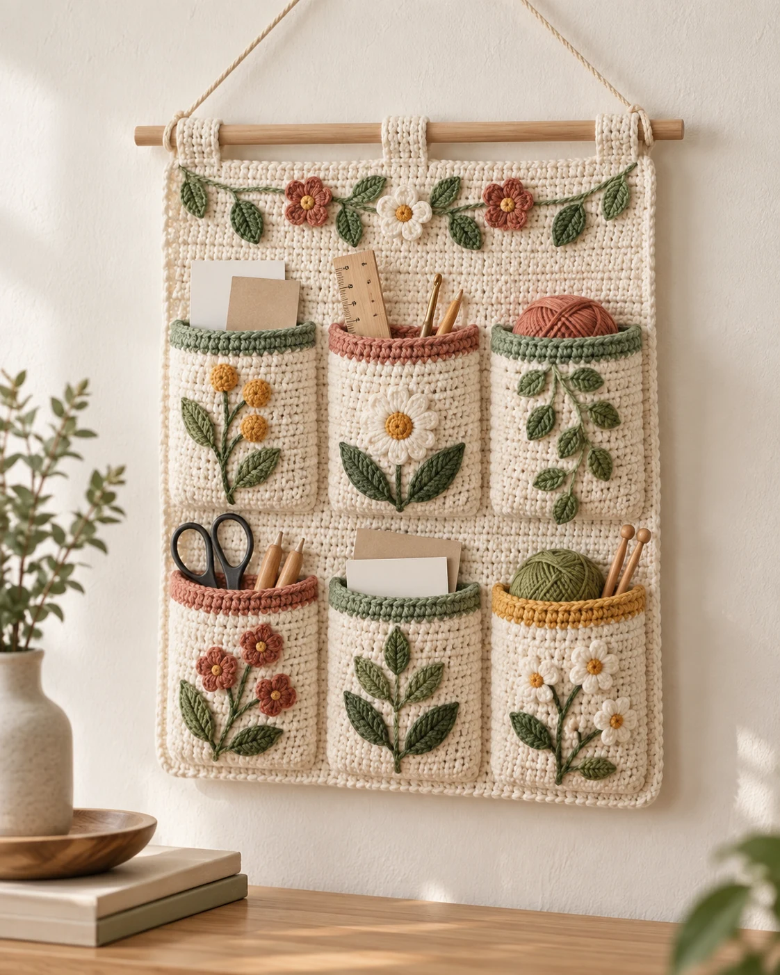 Six-pocket crochet wall organiser with botanical details