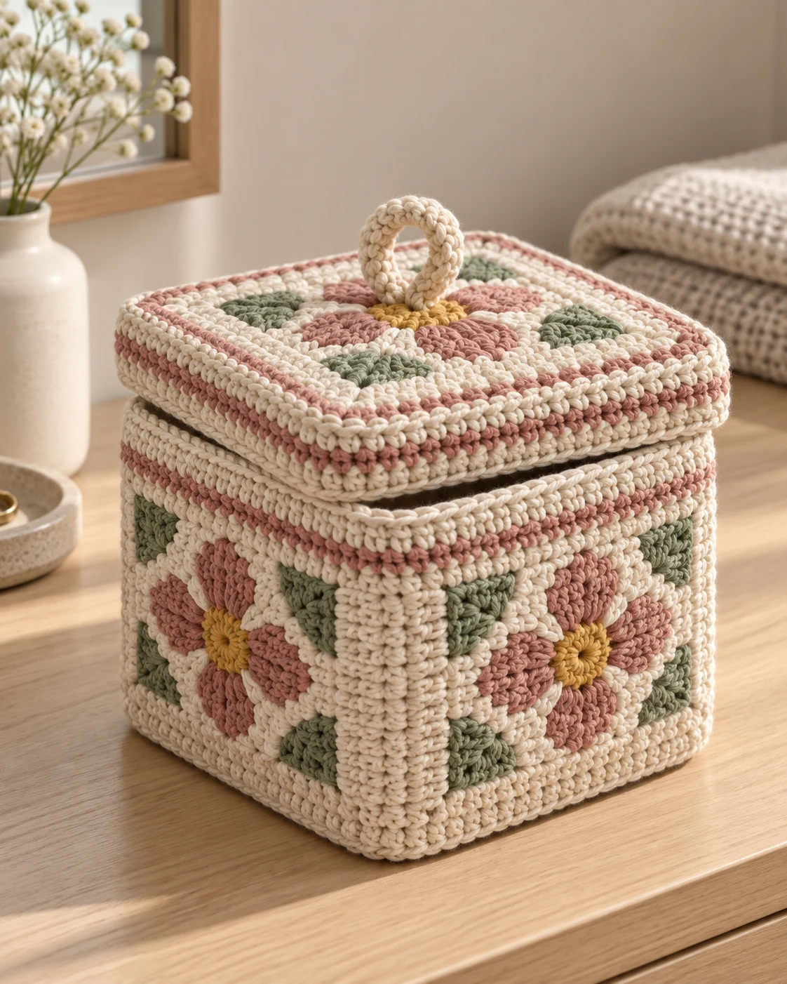 Square crochet storage box with a fitted floral lid
