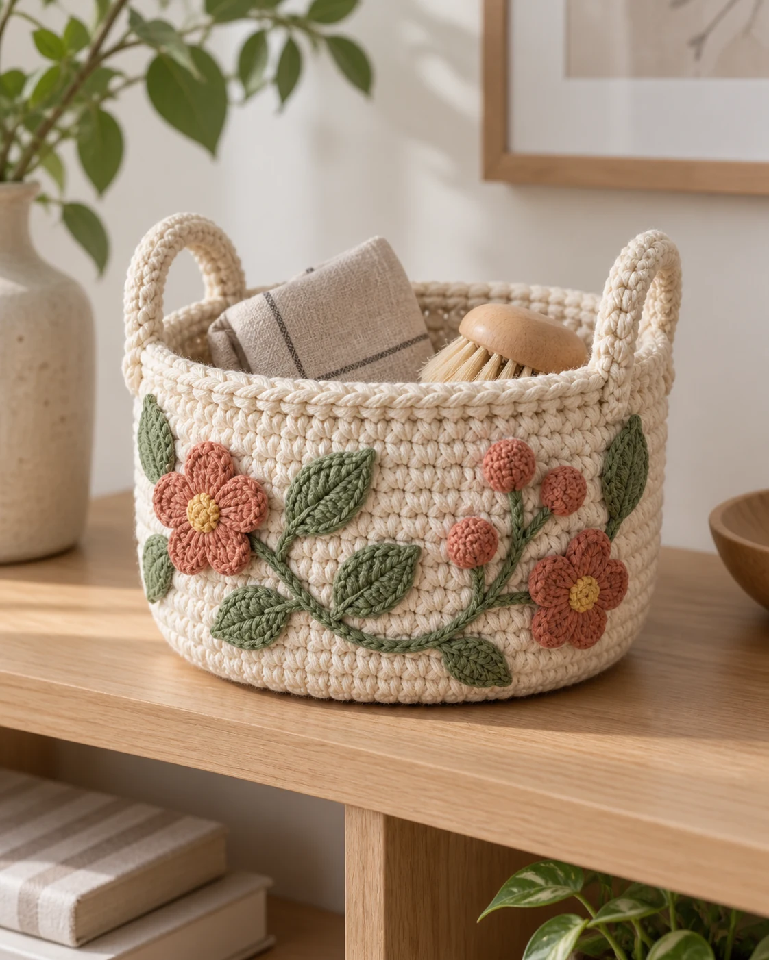 Open crochet storage basket with integrated handles and botanical details