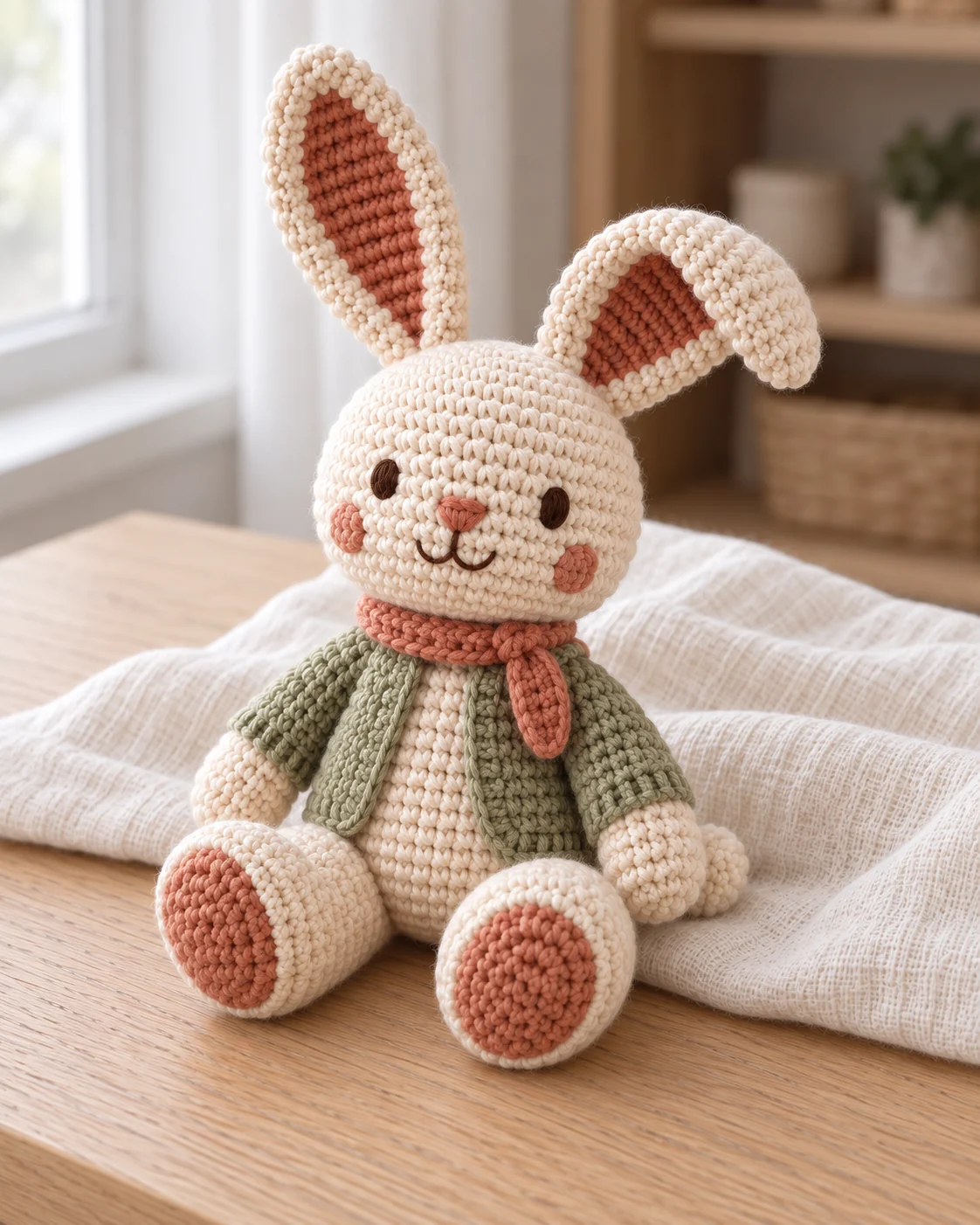 Original crochet bunny doll with soft stitched facial features