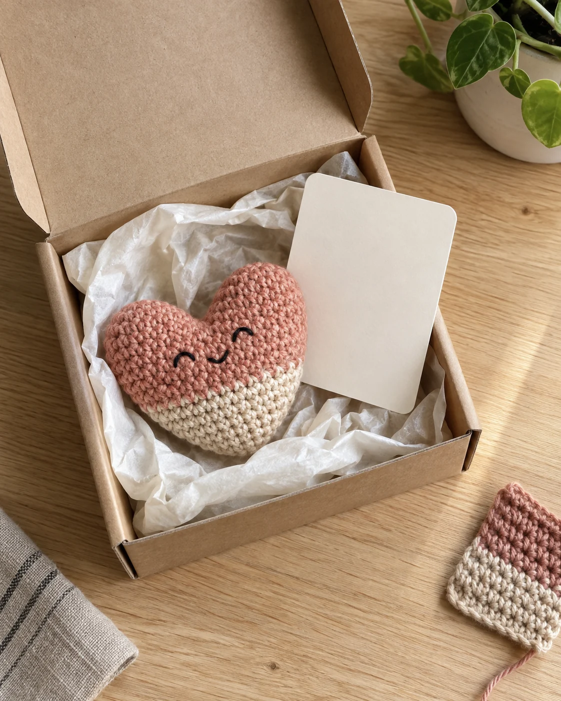 Crochet gift figure beside a blank message card