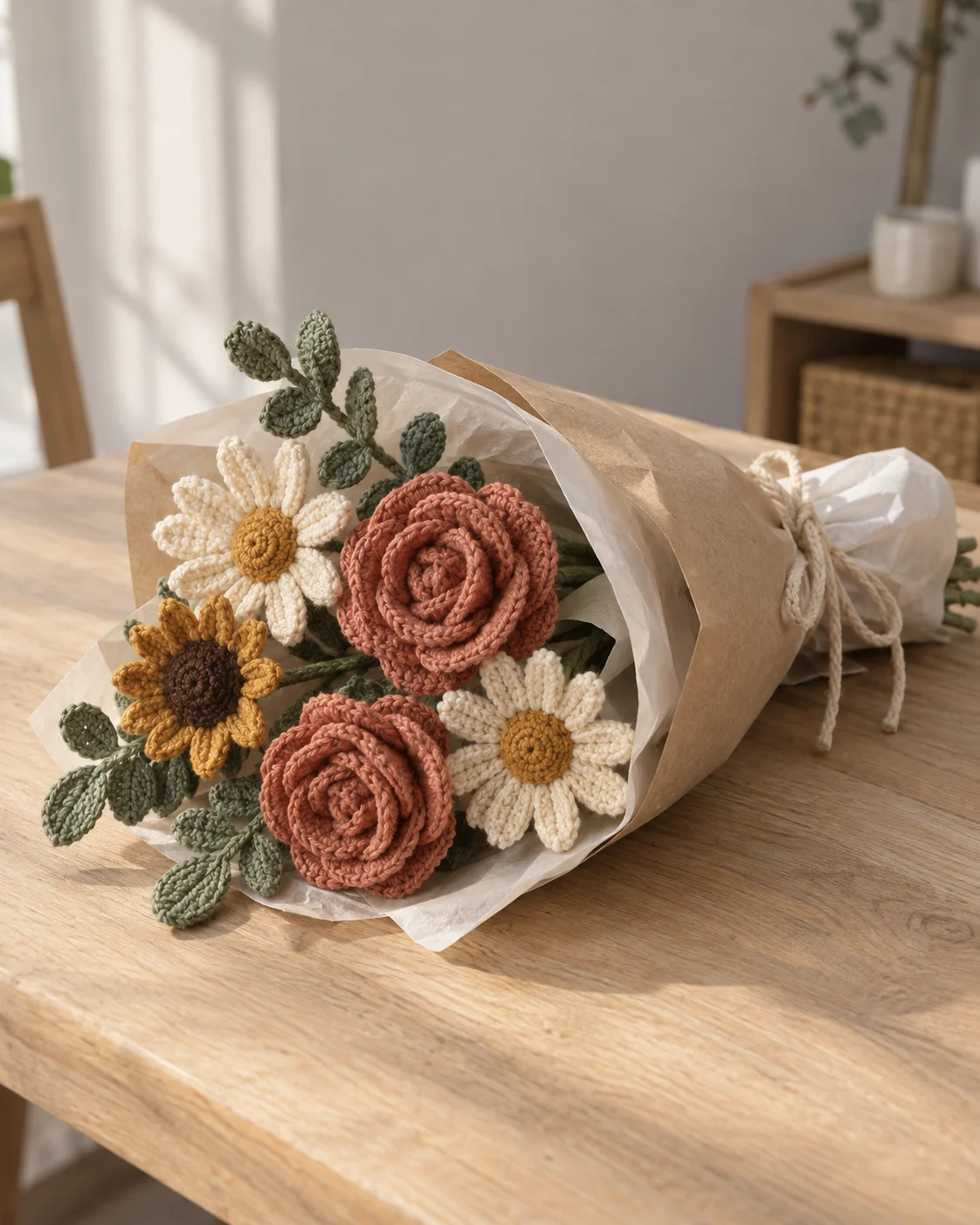 Mixed crochet bouquet with paper wrapping