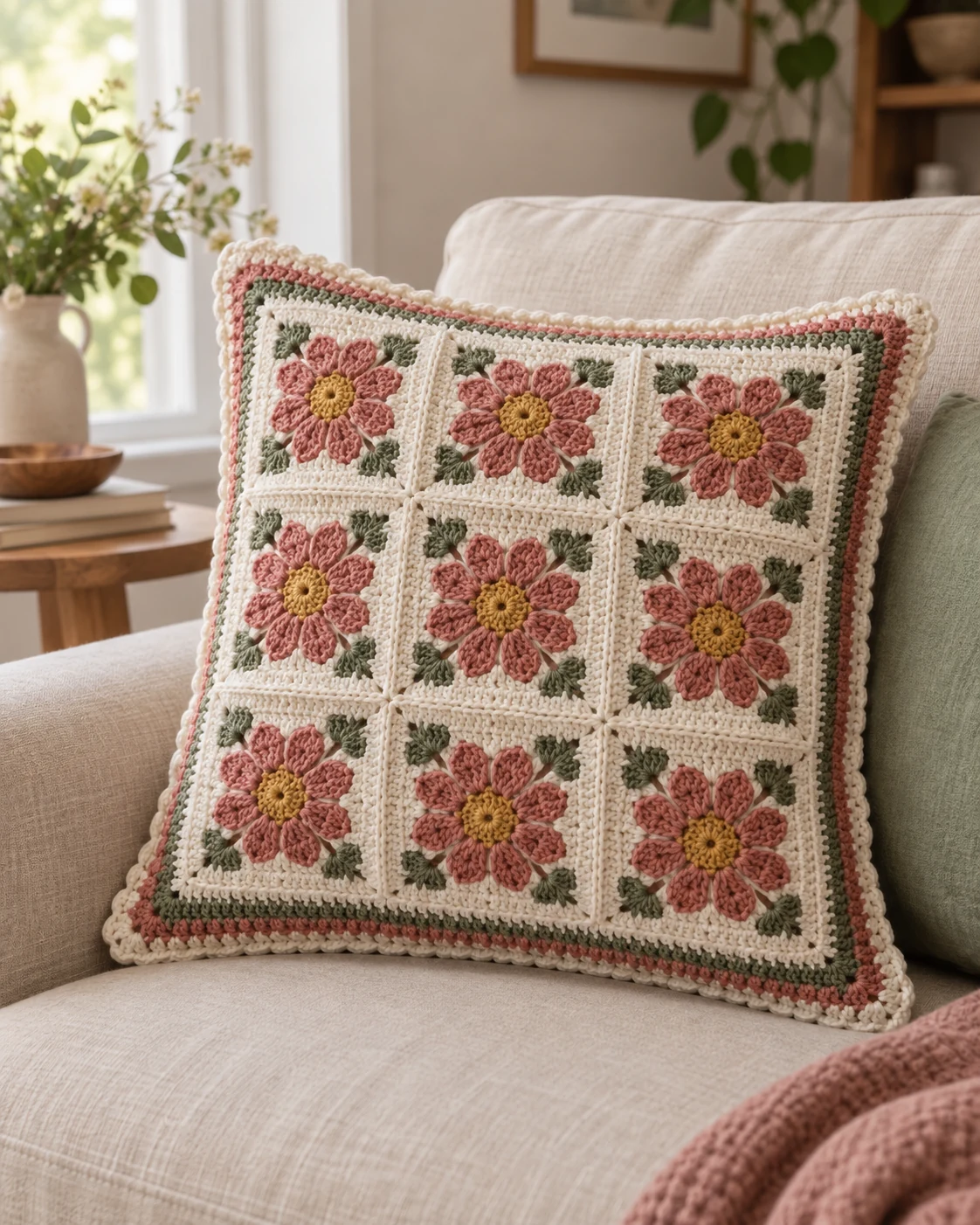 Floral granny square crochet cushion cover in a natural home setting