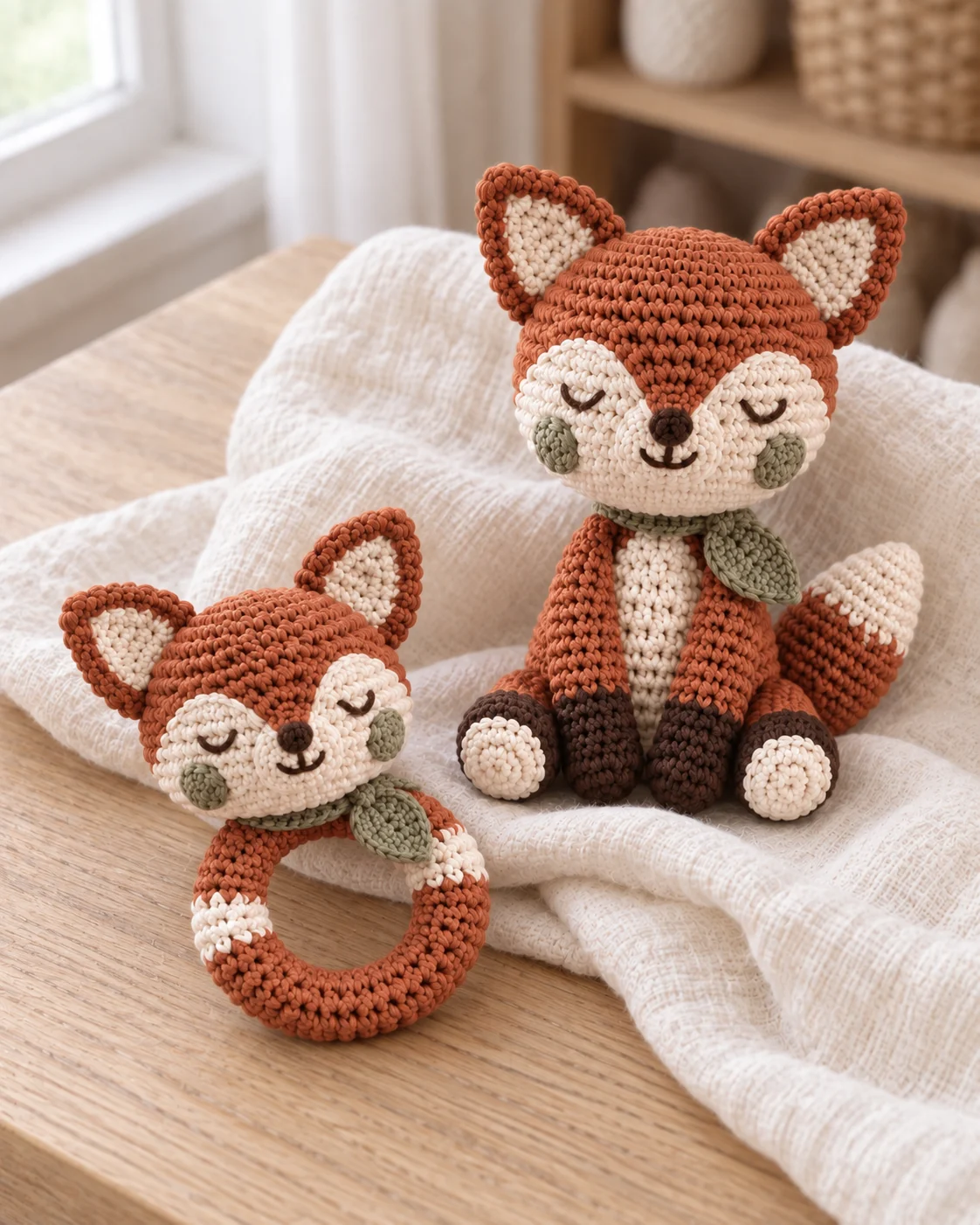 Coordinated fox rattle and doll concept on linen