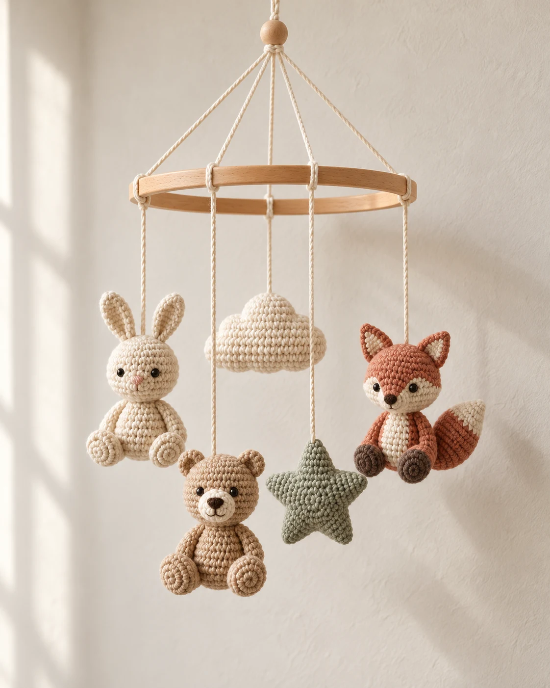 Complete crochet animal baby mobile with bunny, bear and fox figures