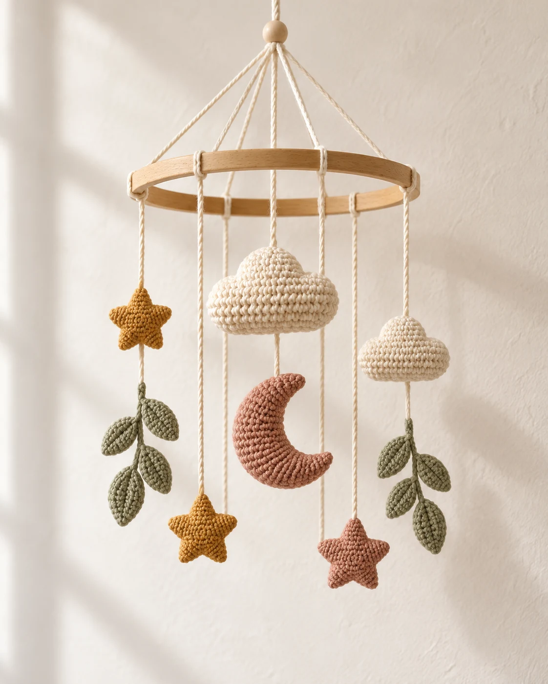 Crochet mobile with clouds, moon, stars and botanical leaves