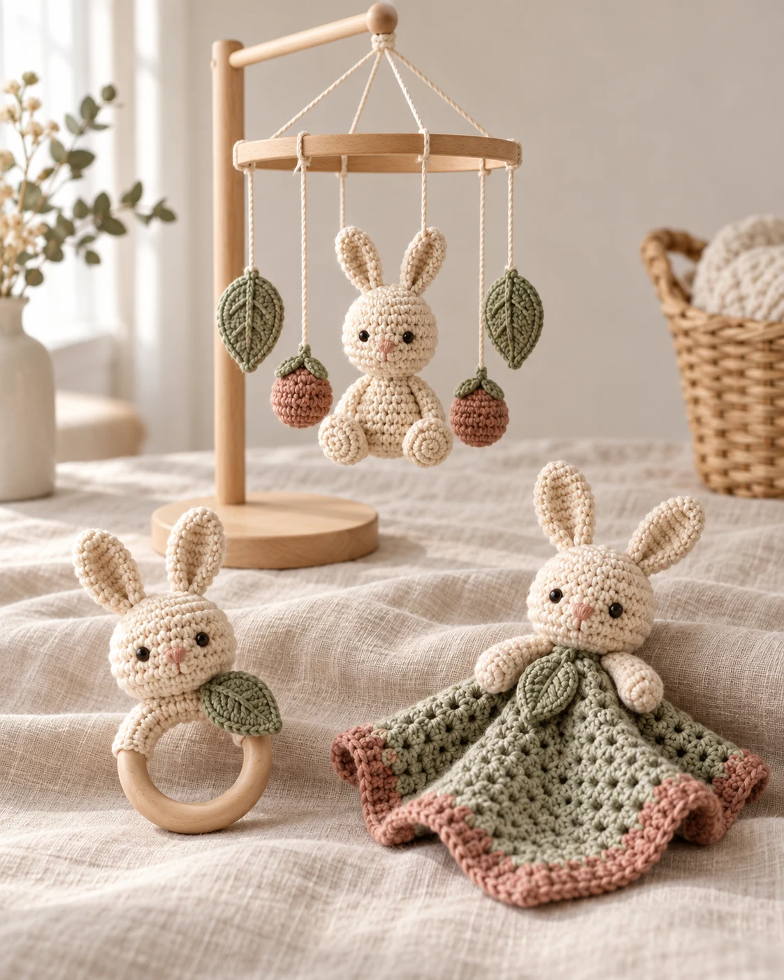 Coordinated bunny mobile, ring rattle and character lovey collection