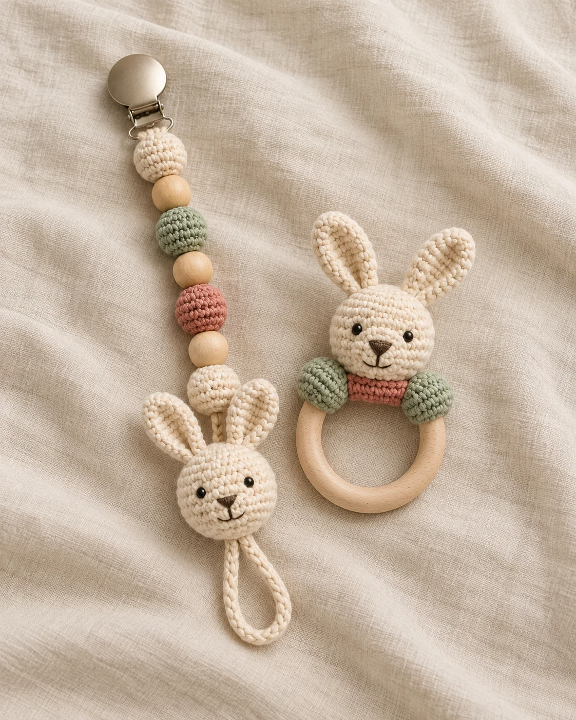 Coordinated bunny pacifier holder and crochet ring rattle direction
