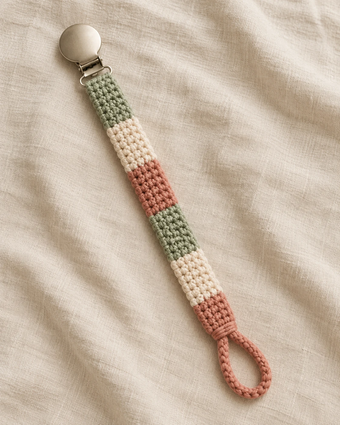 Flat colour-block crochet pacifier holder with metal clip and soft end loop