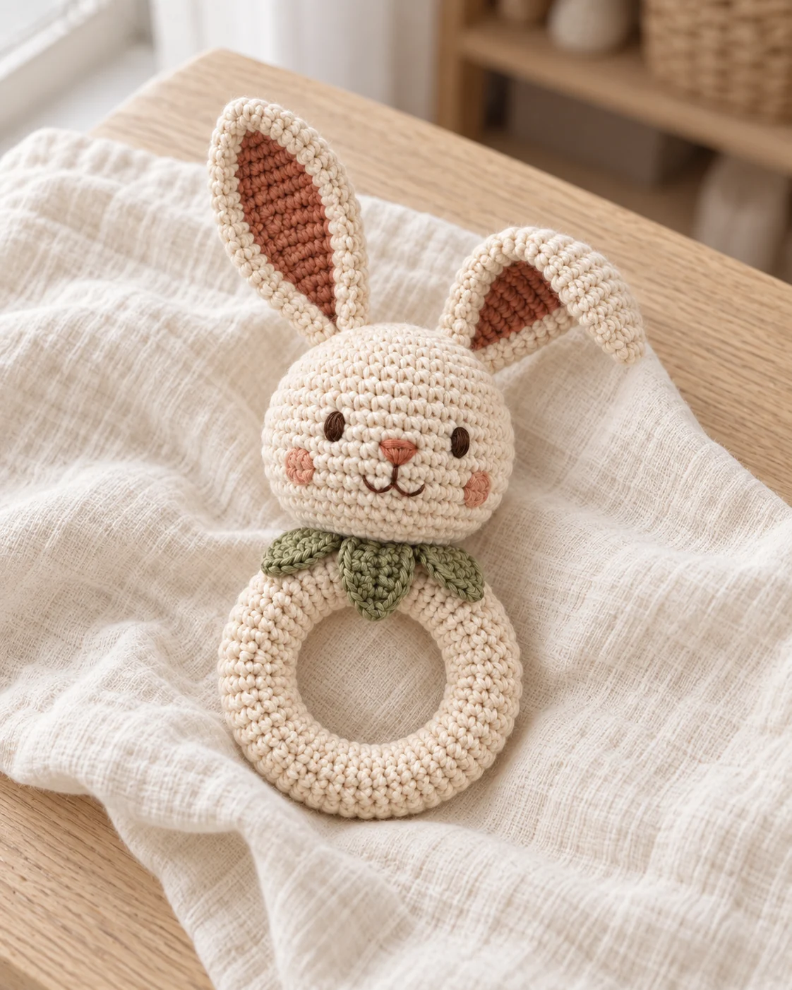 Cream bunny crochet ring rattle with sage collar resting on linen