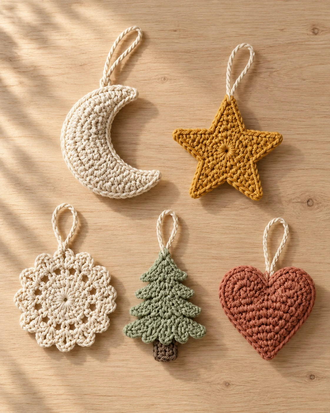 Assortment of crochet moon, star, flower, tree and heart hanging ornaments