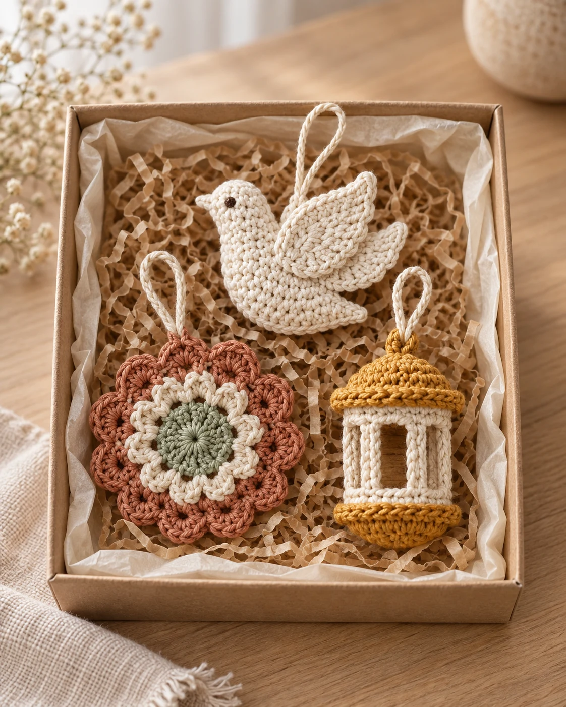 Crochet dove, floral rosette and lantern-inspired occasion gift assortment