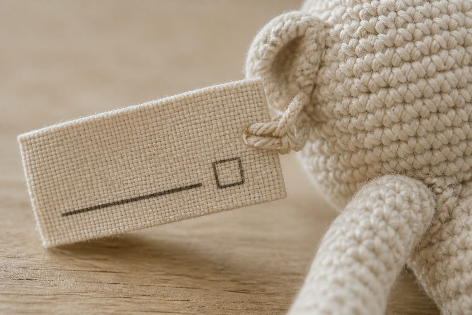 Maker identification tag attached to a finished crochet product