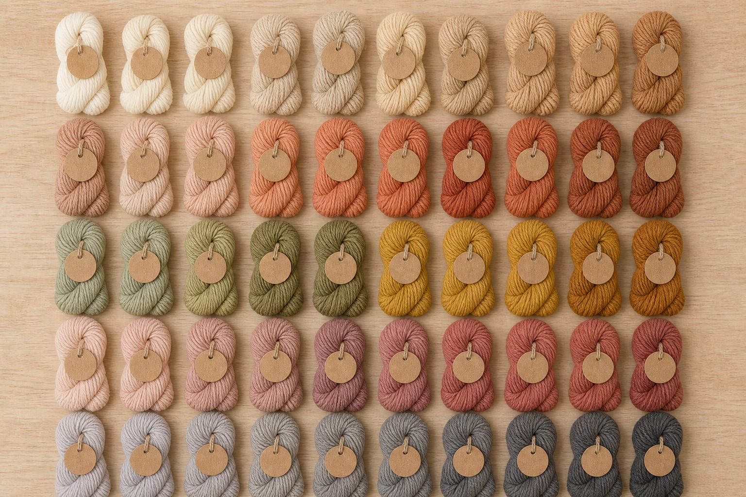 Cotton yarn colours and tagged swatches arranged on a work surface